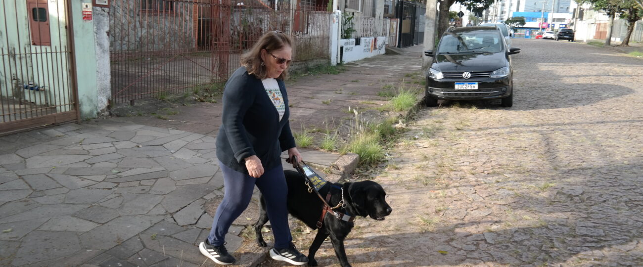 Uma mulher de cabelos claros e óculos escuros caminha ao lado de um cão-guia preto em uma rua residencial. Ela segura o arreio de trabalho enquanto o cão segue à sua frente, guiando-a durante a travessia entre a calçada e a rua de paralelepípedos. Ao redor, há casas cercadas, carros estacionados e postes de iluminação. A cena mostra a atuação do cão-guia auxiliando a mobilidade e a autonomia da pessoa com deficiência visual em um ambiente urbano.